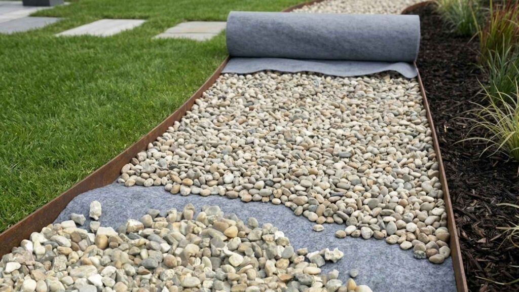 application du feutre géotextile pour séparer les cailloux de la terre dans une allée
