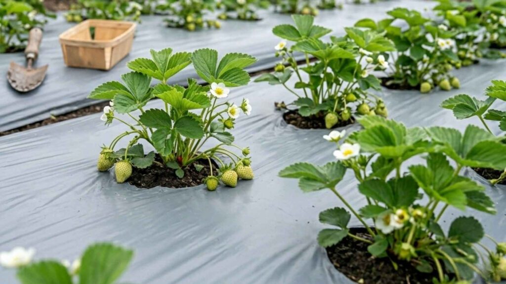 application d'un film de paillage pour éviter les mauviases herbes et favoriser la croissance